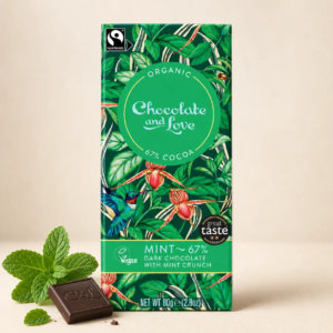 Chocolate and Love Mint 67 % ekologisk mörk choklad med mintcrunch