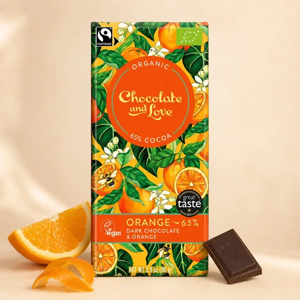 Chocolate and Love Orange 65 % ekologisk mörk choklad med apelsin